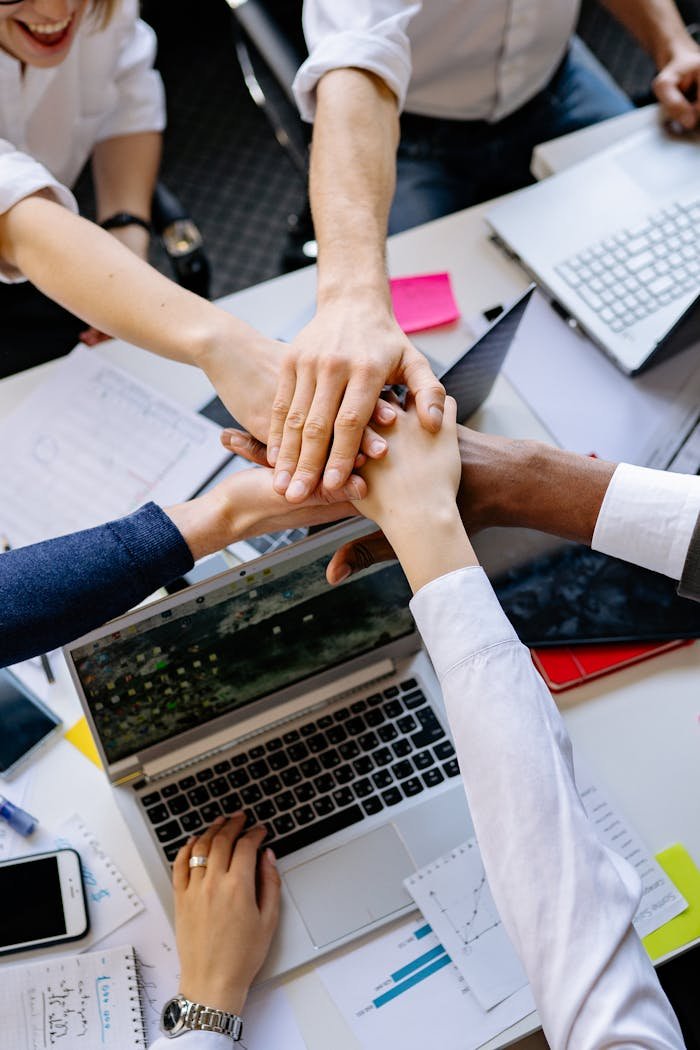gallery-2 A diverse group of professionals stacking hands over a table symbolizing teamwork and collaboration.